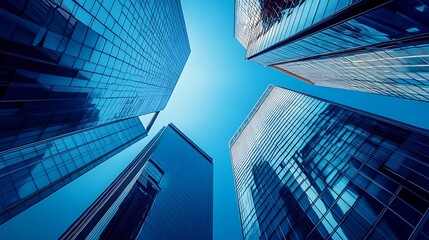 A low-angle view of modern skyscrapers against a clear blue sky, showcasing architectural design and urban landscape.