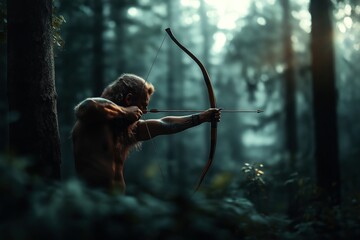 The image depicts a mythical figure, likely from ancient mythology, drawing a bow and arrow in a dense, mystical forest. The character appears focused and powerful.