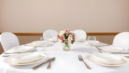 Dining table set with white plates, silver cutlery, and a centerpiece of a small bouquet of flowers.