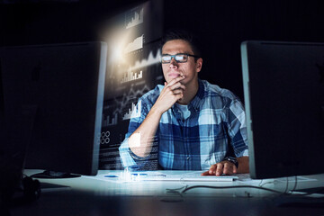 Fototapete - Dark, office and man with programming overlay for online data, analysis and cybersecurity for crypto trading. Software, hologram and web developer with dashboard, virtual screen or network system.
