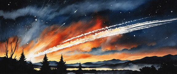 Wall Mural - Night Sky with Shooting Stars and Contrails