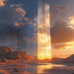 Poster - A futuristic glass skyscraper stands tall in a desert landscape, reflecting the setting sun and cloudy sky.