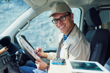 Aufkleber - Portrait, courier service and delivery man in vehicle with clipboard, tech and order for shipping. Male person, employee and happy as driver with boxes for transport, freight and ecommerce logistics