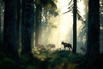 Wall Mural - A serene forest scene illuminated by soft, morning sunlight, featuring a group of majestic deer with antlers walking gracefully through the dense woods.