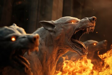 A fiery depiction of Cerberus, the three-headed guard dog of Hades from Greek mythology. Each head has glowing eyes and sharp, menacing teeth amidst flames.