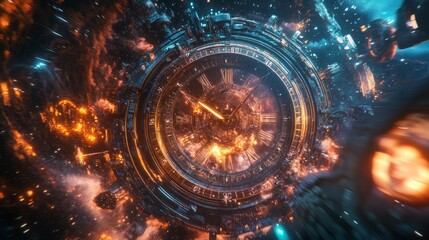 Time travel Technology Background with Clock concept and Time Machine, Can rotate clock hands. Jump into the time portal in hours. Traveling in space and time. Time travel fantasy scifi cinematic film