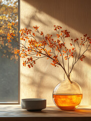 Wall Mural - A vase with orange dried flowers sits on a wooden surface next to a small bowl.