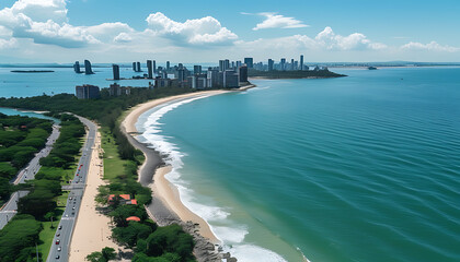 Wall Mural - Panoramic view of the beautiful seaside city and ocean from the sky