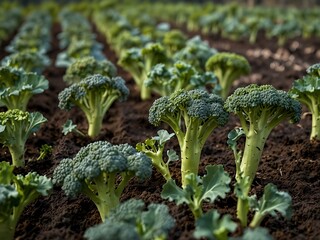 Wall Mural - Broccoli plants thriving in a garden, reflecting organic farming.