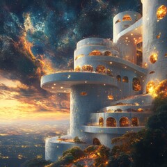 Canvas Print - A futuristic white tower with rounded arches and balconies, bathed in golden sunset light against a backdrop of vibrant nebula and city lights.