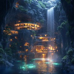 Sticker - A futuristic, cave-like structure with glowing windows nestled amongst lush greenery and a waterfall.