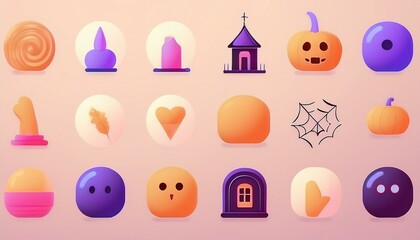 Wall Mural - Spooky Outline Icons collection of Halloween icons drawn in a thin, spooky outline style, including a haunted house, skull, spider web, coffin, crossbones, and full moon. icon set halloween