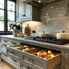 A beautifully designed kitchen featuring two open drawers filled with fresh fruits, including apples and pears, alongside stylish stove and elegant decor. warm ambiance is enhanced by natural light st