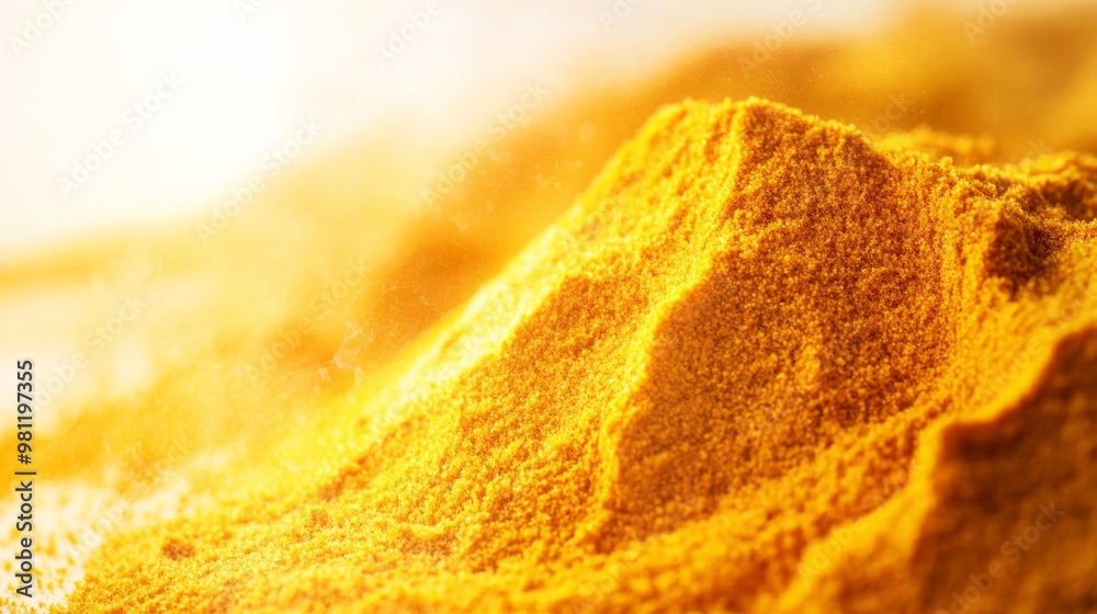 Tumeric Light Color Close-up of vibrant yellow turmeric powder in warm light, showcasing ...