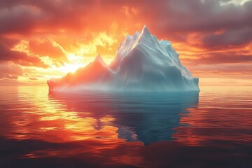 surreal iceberg floating in warm sunset ocean melting edges climate change metaphor vivid orange and teal palette reflection of changing world