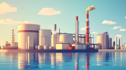 A digital illustration of an industrial complex with storage tanks and smokestacks by a body of water.