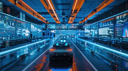 Sticker - Futuristic Car Driving Through Tunnel with Screens