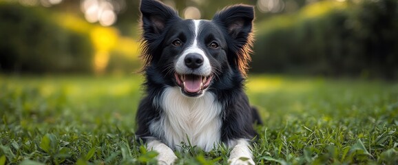 Wall Mural - Happy Border Collie Dog Lying in Green Grass