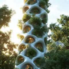 Poster - A futuristic, organic-shaped building with large windows and greenery, designed to blend seamlessly with nature.