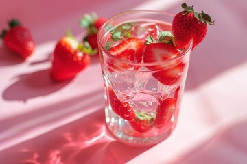 Canvas Print - Glass of pink lemonade with strawberry cocktail fruit drink.