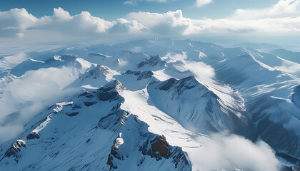 Wall Mural - Aerial view of snow-covered mountains under cloudy skies