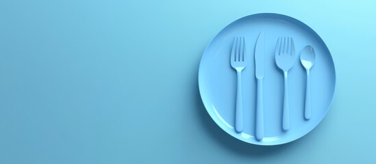 Blue empty plate with utensils including forks knives and spoons set against a floating blue background Creative minimalistic concept in monochrome 3D render