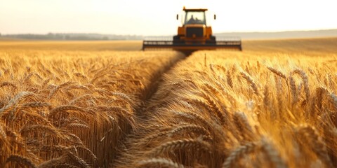 Harvest. A golden wheat field with the focus on an industrial harvester working in it, symbolizing agricultural innovation and technology.