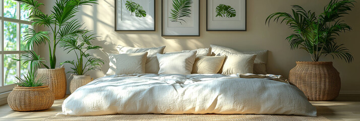 Poster - A bed with white linens and pillows in a cozy room with potted plants.