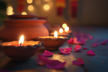 Celebrating Diwali festival, candles in temple with colorful background