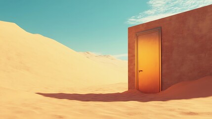 A surreal scene featuring a door emerging from sand dunes under a clear sky.