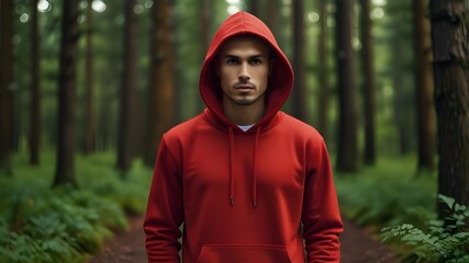 Sticker - Red color premium hoodie mockup on green forest background. Blank Hoodie stylish mockup for all usual purpose. Winter hood design. Premium quality design mockup. Branding social media post design. 