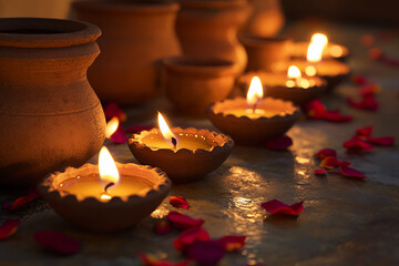 Celebrating Diwali festival, candles in temple with colorful background