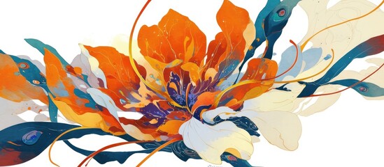 Wall Mural - Painting of a peacock flower with vibrant orange petals isolated on a white background