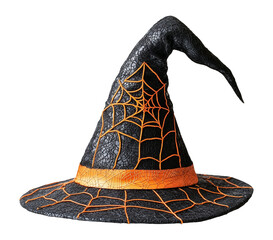 Halloween-themed black witch hat with orange spider web isolated on transparent background.