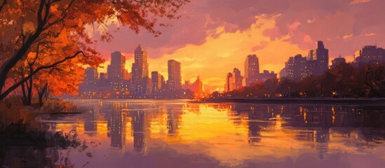 Wall Mural - Painting of a skyline along a river during sunset