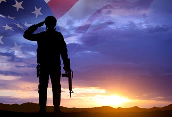 Wall Mural - Silhouette of a soldier with USA flag against the sunset. Veterans Day. Honoring All Who Served