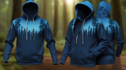 Canvas Print - Blue color hoodie mockup on green forest background. Hoodie stylish mockup for all usual purpose. Winter hood design. Premium quality design mockup. Branding social media post design. 