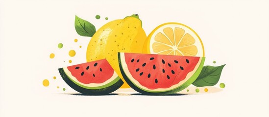 Bright illustration of fresh lemon and watermelon fruits in a modern flat design style