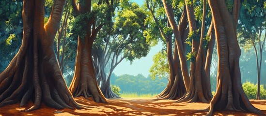 Canvas Print - Painting of tree trunks adorned with green leaves in a sunny tropical forest