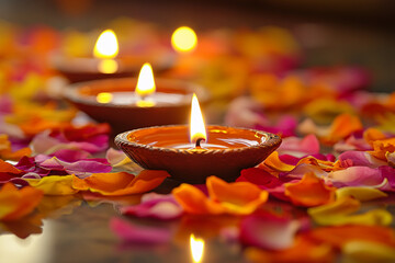 Celebrating Diwali festival, candles in temple with colorful background