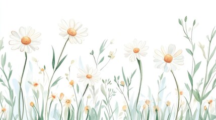 Wall Mural - Charming minimalistic vector design featuring daisies and grass in a watercolor style Soft spring doodles in pastel hues on a white background perfect for children s textiles wrappers and decor