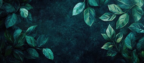 Canvas Print - Abstract painting of green leaf texture against a dark background featuring a tropical foliage theme