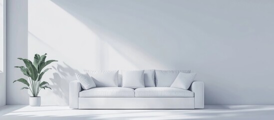 Fototapete - Contemporary interior featuring a sofa and plants in a bright minimalist white space 3D rendering