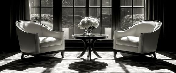 Two White Armchairs and a Coffee Table in a Luxurious Living Room