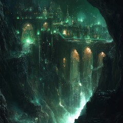 Canvas Print - A glowing city nestled within a dark cavern, lit by cascading waterfalls.