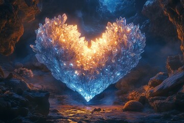 Wall Mural - A glowing heart-shaped crystal formation in a dark cave.