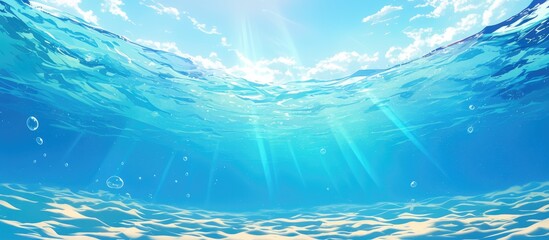 Underwater view showcasing an endless sandy seabed with crystal clear blue water and gentle wave patterns above