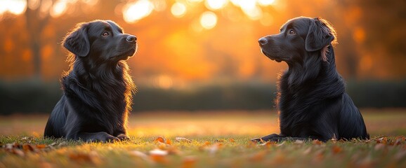 Canvas Print - Two Black Labrador Retrievers Sitting Facing Each Other in a Golden Autumn Sunset