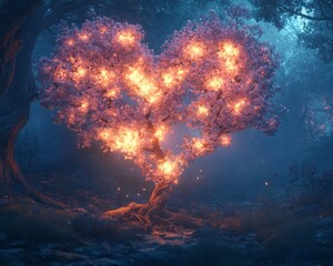 Wall Mural - A glowing heart-shaped tree in a magical forest.