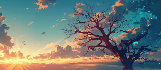 Wall Mural - Silhouette of a leafless native tree against a backdrop of a sunset and light cloud formations during winter